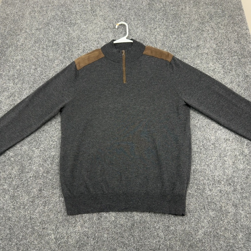 Redmond Sweater Mens L Gray Wool Quarter Zip Suede Patches Outdoor Classic